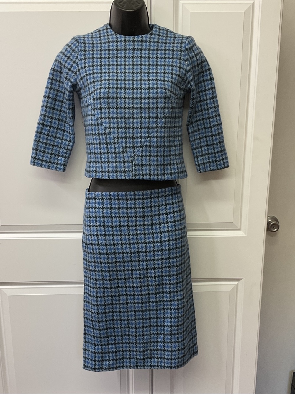 Vintage 1960’s HANDMADE  Blue and Black Houndstooth Two-Piece Skirt Set